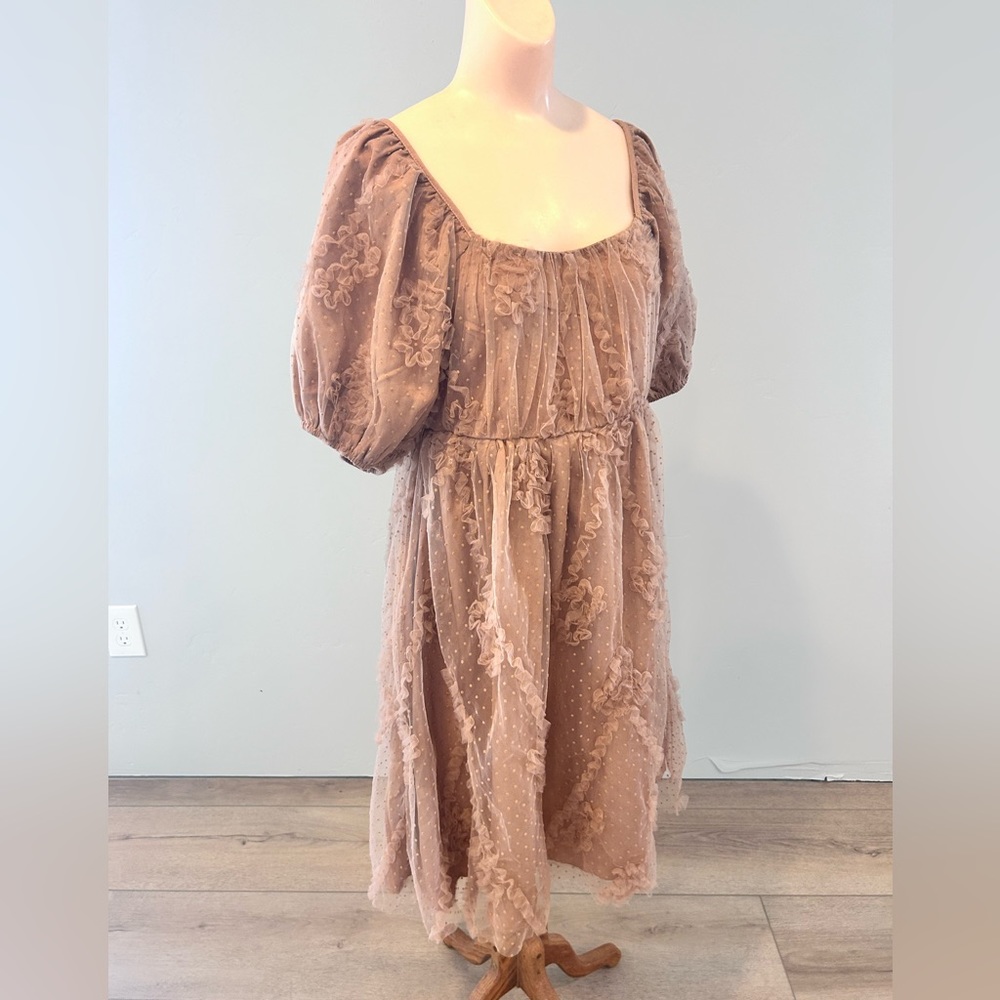 NWT Polagram Zelda Dress Tan Mesh Tulle Ruffled Square Neck